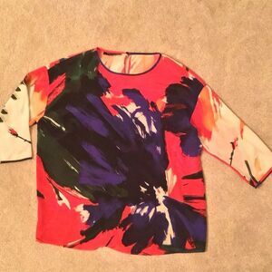 Lafayette 148 New York 100% Silk Red Blue Colorful Abstract Blouse